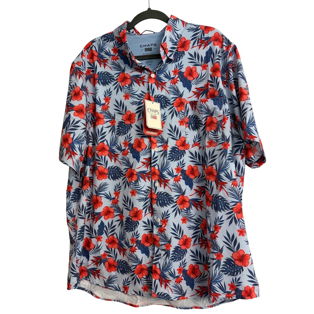 Chaps Tropical Floral‎ Shirt XXL Blue Red, Hawaiian, Aloha, Summer, Beach, Luau